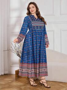 Lacomfia Plus Size Women Elegant Placement Print Arabic Style Long Dress,Modest