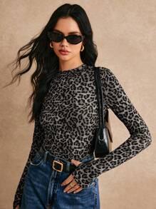Poéselle Women's Round Neck Long Sleeve Leopard Print Casual T-Shirt