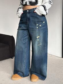 SHEIN EZwear Plus Size Loose Fit Ripped Blue Denim Wide Leg Casual Jeans Fashion Solid Retro Washed Baggy Women Jeans High Waist Straight Leg Jeans Wide Leg Jeans Winter Jeans Halloween Outfits Street Cool Style Streetwear Pants For Women Homecoming Fall Clothes