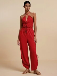 Travachic Mono De Cuello Halter Cruzado Con Nudo Delantero Para Mujeres