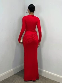 SHEIN BAE 优雅长袖连衣裙，带有金属装饰，适合女性休闲约会、郊游、夜总会派对、感恩节、圣诞节、除夕夜等场合 - 紅色 - 查看 2