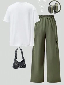 SHEIN ChillGRL 2 Pcs/Set Tween Girl Graphic Tee Paired With Cargo Pants, Casual Street Style Outfit, Spring/Summer,Holiday,Summer,Travel, School, Campus, College Summer Holiday - Multicolor - View 2