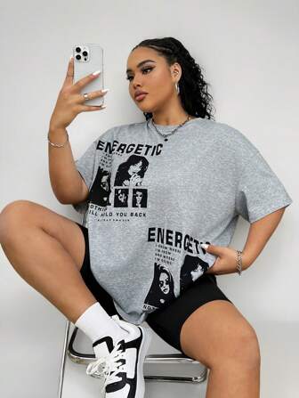 Coolane Plus Size Round Neck Short Sleeve Printed Casual Top, Summer