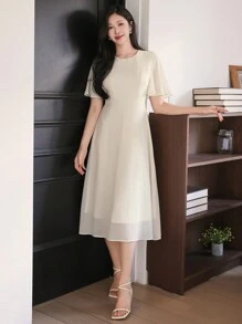 DAZY Elegant Solid Color Round Neck Fitted Waist Midi Dress For Women, Summer Sundress - Beige - View 3