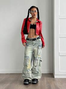 StreetHx Y2K 短款拉链前仿皮夹克，红色