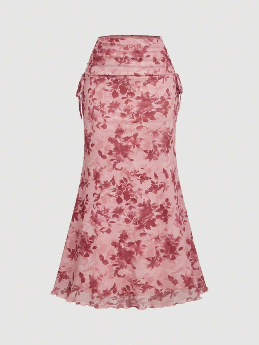 SHEIN MOD 女士高腰粉色碎花美人鱼长裙，西式女装。新年、情人节、度假女装 - 藕粉色 - 查看 1