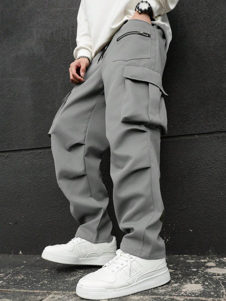 Manfinity Homme Plus Size Men's Casual Solid Color Cargo Pants - Light Grey - View 1