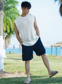 DAZY 男士度假沙滩透气网眼镂空上衣 - 米色 - 查看 6