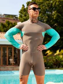 Manfinity Swimmode Men's Color Block Patchwork Long Sleeve One-Piece Swimsuit - Army Green - View 3