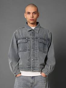 Sumwon Projects Script Logo Vintage Denim Jacket Streetwear Casual Workwear Trucker Style Button Front Outerwear - Light Wash - View 2