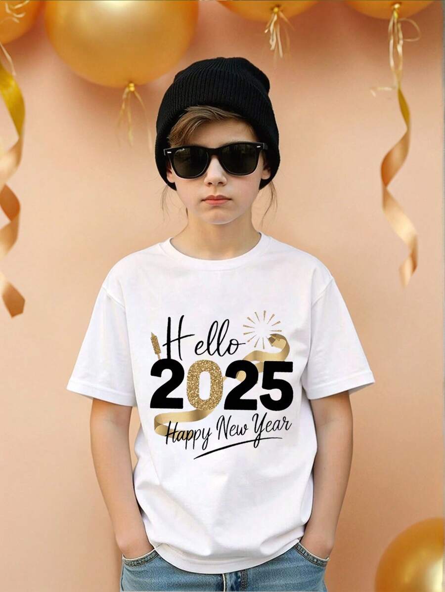 Tween 男童休闲、舒适、时尚、潮流 2025 数字和字母印花基本款短袖 T 恤,春/夏 - 白色 - 查看 1