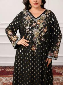 Al Najma 大码女式 V 领长袖花卉印花休闲阿拉伯连衣裙 - 黑色 - 查看 4