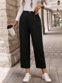EMERY ROSE Women's Solid Color Front Button Pocket Simple Casual Long Pants - Black - View 5