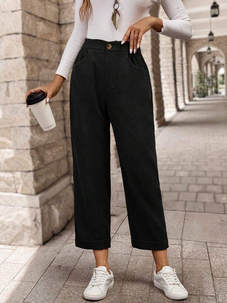 EMERY ROSE Women's Solid Color Front Button Pocket Simple Casual Long Pants - Black - View 5