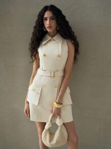 MOTF PREMIUM DOUBLE BREASTED POCKET PATCHED DRESS - Apricot - View 8