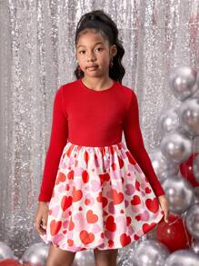 SHEIN Leap Crew Tween Girls' Heart Pattern Lantern Hem Long Sleeve Valentine's Day Dress - Red - View 6