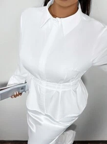 SHEIN Privé Weiße Bluse mit Knöpfen und Bindegürtel Große Größen für Damen, für Herbst/Winter - Weiss - Übersicht 6