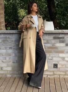 DAZY Plaid Patchwork Double-Breasted Loose Mid-Length Trench Coat,Fall Clothes - Khaki - View 10