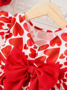 SHEIN 嬰幼兒女童休閒寬鬆短袖愛心圖案連衣裙 - 紅色 - 查看 5