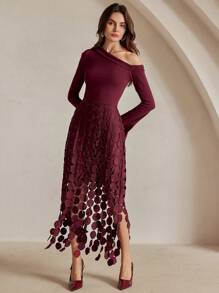 Anewsta Đầm tua rua tay dài cổ cao eo ôm gợi cảm, phong cách Âu Mỹ thanh lịch - Màu đỏ tím - Xem 6