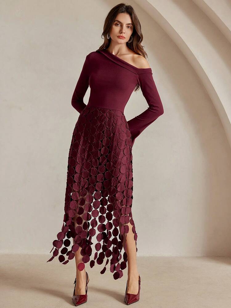 Sexy Slim Waist High Neck Hollow Out Long Sleeve Tasseled Dress, Elegant European And American Style