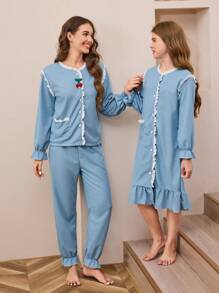 SHEIN Bộ đồ mặc ở nhà 2 món áo len cardigan và quần dài thoải mái, thanh lịch, màu xanh lam dành cho nữ - Màu xanh lam - Xem 7