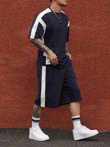 DAZY 2pcs Men's Summer Patchwork Contrast Letter Print Short Sleeve T-Shirt And Shorts Set
