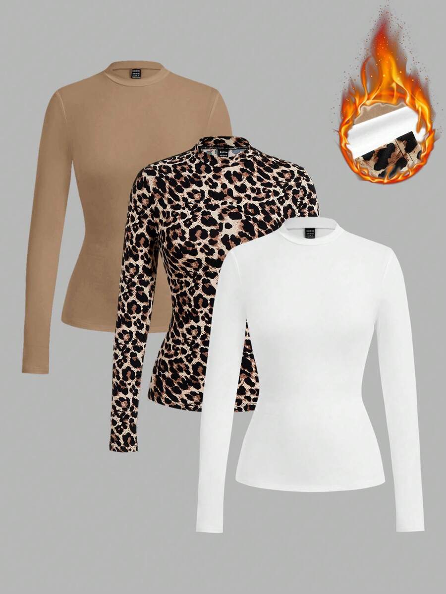 SHEIN Clasi 3 件套大码紧身高领 T 恤，白色，豹纹，黑色，秋冬