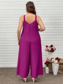 SHEIN LUNE Plus Size Women's Solid Color Wide Strap Loose Casual Jumpsuit Valentine Summer Outfits For Women Summer Spring Clothes Spring Outfits For Women Summer Summer Boho Old Money