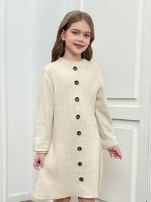 Tween Girl 休闲优雅简约高领罗纹针织长袖 A 字型正面纽扣毛衣连衣裙，杏色，秋冬 - 杏色 - 查看 1
