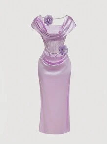 SHEIN MOD 薰衣草复古风格 3D 花卉连衣裙，适合约会新年女士装节日派对连衣裙情人节 - 淡紫色 - 查看 1