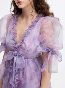 SHEIN X JIMENA & MATEO SHEIN MOD Purple Flower And Puppy Print Gorgeous Dress With Bows On Sleeves And Above Waist Front Ruffled Dress, Party Dress, Birthday Dress
