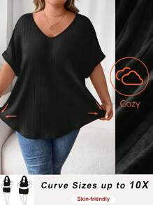 SHEIN CURVE+ Plus Size V-Neck Ribbed Christmas T-Shirt With Thermal Lined, Autumn/Winter