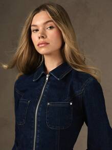 MISSGUIDED Premium Fitted Denim Jacket With Metal Zip Front Classic Western Workwear Style Modern Streetwear Fashion - Blue - View 3