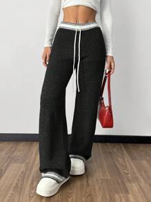 SHEIN Essnce 女士黑色撞色毛衣裤、保暖毛衣、宽松阔腿裤街头裤秋冬女、喇叭女裤、女牛仔裤、冬装、冬季女裤 - 黑色 - 查看 5