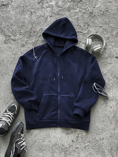 Manfinity Dauomo Plus Size Men's Solid Color Zip-Up Drawstring Hoodie, Spring And Autumn, Long Sleeve Top