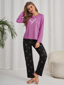 Conjunto de pijama de top de manga larga y pantalones con gráfico de corazón para mujer, ropa de otoño e invierno - Rojo violeta - Ver 5