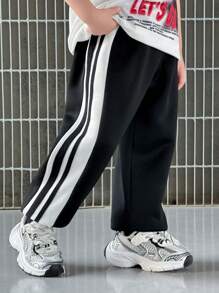 SHEIN Young Boys Casual Daily Contrast Side Stripe Knit Straight Loose Sweatpants, Suitable For Summer, Spring, Great For Outdoor, School, Street Style, Party And Casual Wear, High Cost-Performance