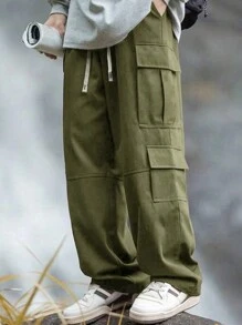 Manfinity Hypemode 男士休闲纯色抽绳腰工装裤 绿色 - 軍綠色 - 查看 3