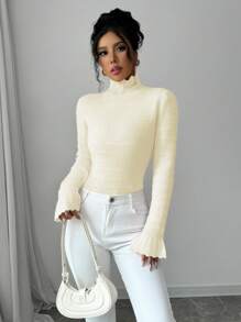 Elenzga Women Solid Color Bell Sleeve Pullover Sweater Knit Pullover Fall Winter Sweater - Apricot - View 4