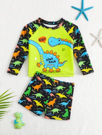 Traje de baño de manga larga con cuello redondo y estampado de dinosaurio lindo para bebé niño
