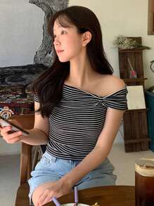 DAZY 女士露肩条纹短袖 T 恤，黑色，春夏 - 黑色 - 查看 5