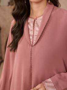 Al Najma Túnica elegante con cuello vuelto y empalme jacquard 2 en 1 + Vestido largo tradicional árabe modesto tipo kaftan - Rosa - Ver 5
