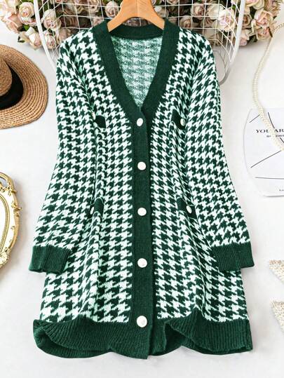 SHEIN LUNE Plus Size V-Neck Houndstooth Long Sleeve Cardigan Sweater, Minimalist Fashion Casual Everyday Wear