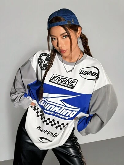 Coolane Slogan Graphic Racing Print Drop Shoulder Oversized Tee