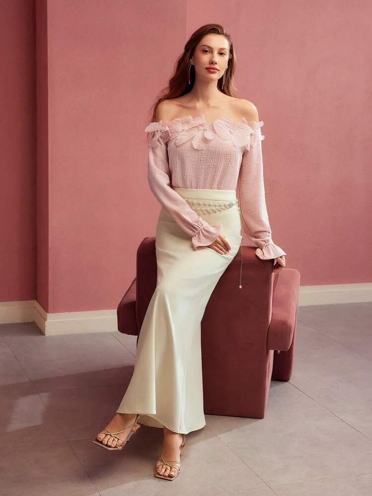 FLORAL APPLIQUED OFF SHOULDER TOP,VALENTINE'S DAY, LONG SLEEVES, KNITTING,SPRING/SUMMER
