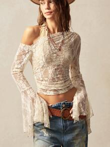 Bohemela 休闲纯色针织斜领喇叭袖修身短款女式上衣 - 白色 - 查看 6