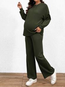 SHEIN 2pcs/Set Maternity Casual Solid Color Long Sleeve Top And Long Pants Set, Autumn - Army Green - View 5