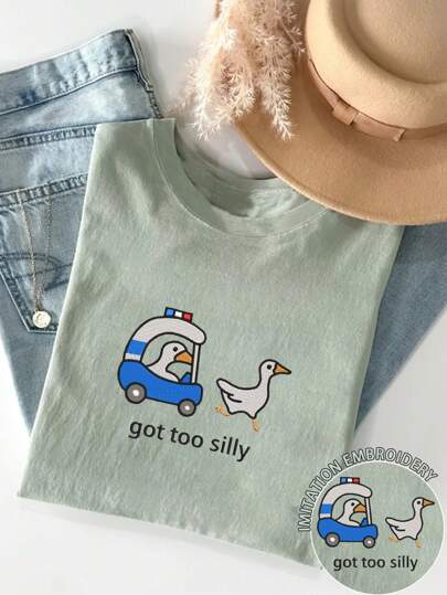 INAWLY 刺绣搞笑傻警察鹅舒适圆领女式图案 T 恤图案 T 恤女式上衣