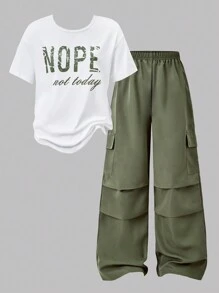 SHEIN ChillGRL 2 Pcs/Set Tween Girl Graphic Tee Paired With Cargo Pants, Casual Street Style Outfit, Spring/Summer,Holiday,Summer,Travel, School, Campus, College Summer Holiday - Multicolor - View 3